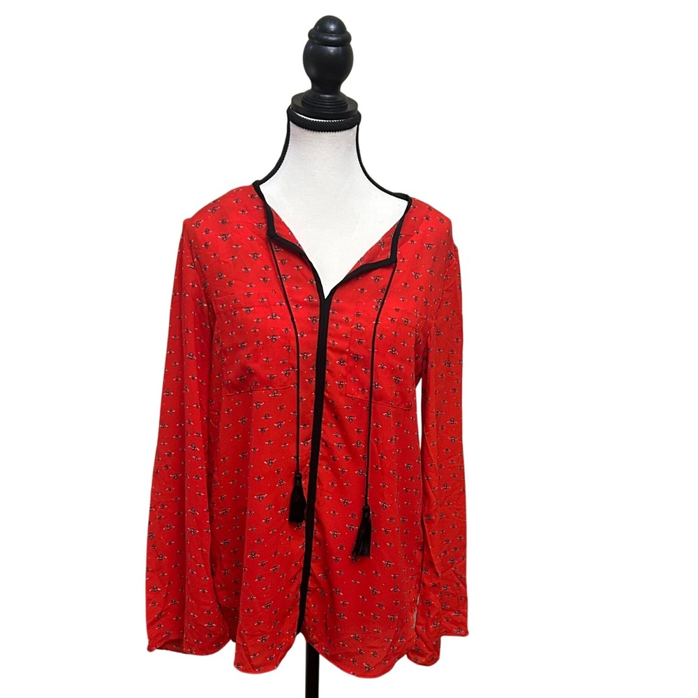 Libby Edelman Red Blouse‎ Top Bee Print Long Sleeve Tassel Tie Front Small S